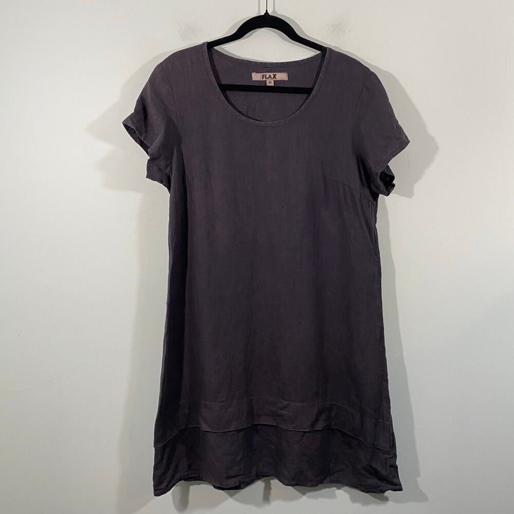 Flax Women Dark Grey Crew Neck Linen Short Sleeve Shift Dress Size S